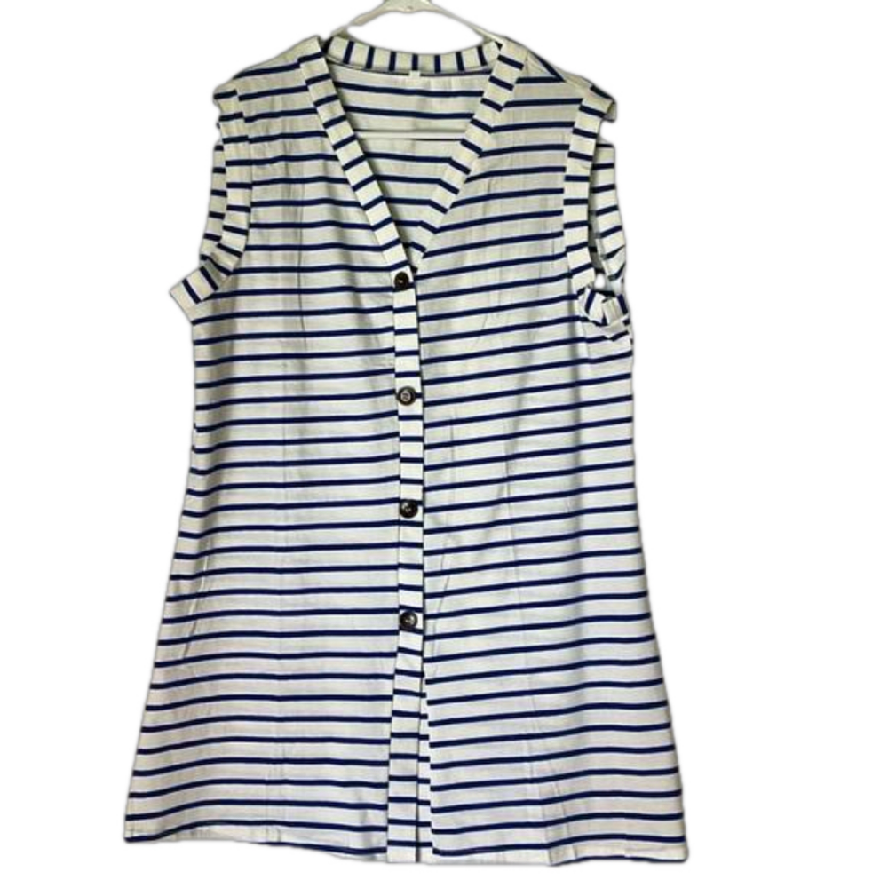 Striped Button Down Tunic Top, Women’s L, Blue White